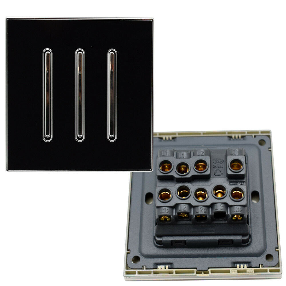 Screwless Light Switch 1, 2 & 3 Gang – Glossy, Brushed Chrome & Gold Finishes - Black Glossy 3 Gang, Single
