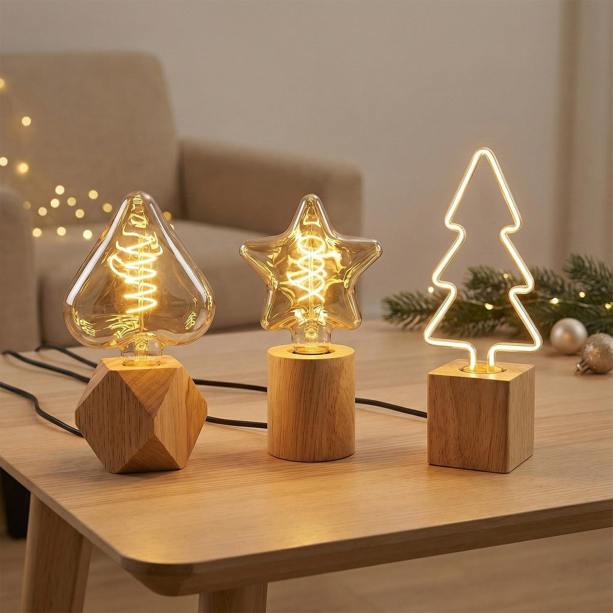 Set of 3 Wooden Table Lamps – Diamond, Round & Square - photo 11