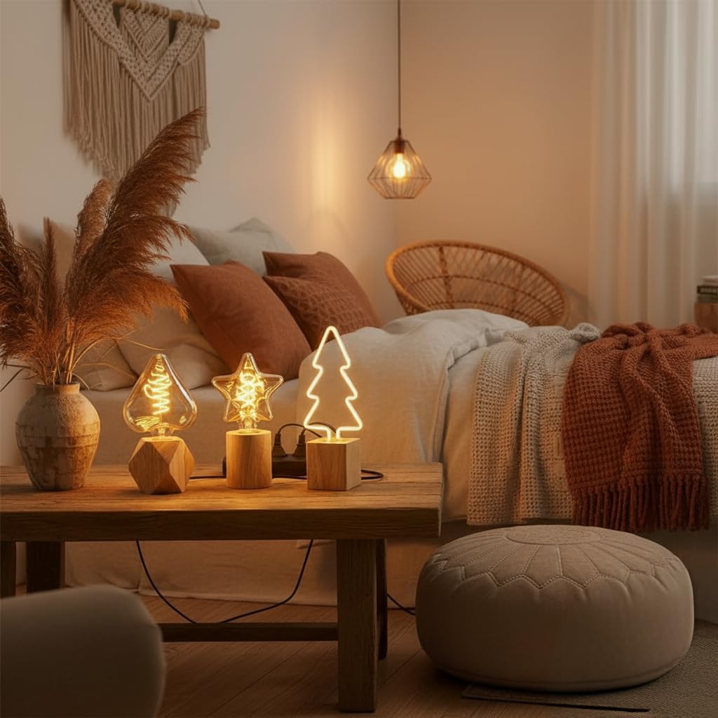 Set of 3 Wooden Table Lamps – Diamond, Round & Square - photo 5