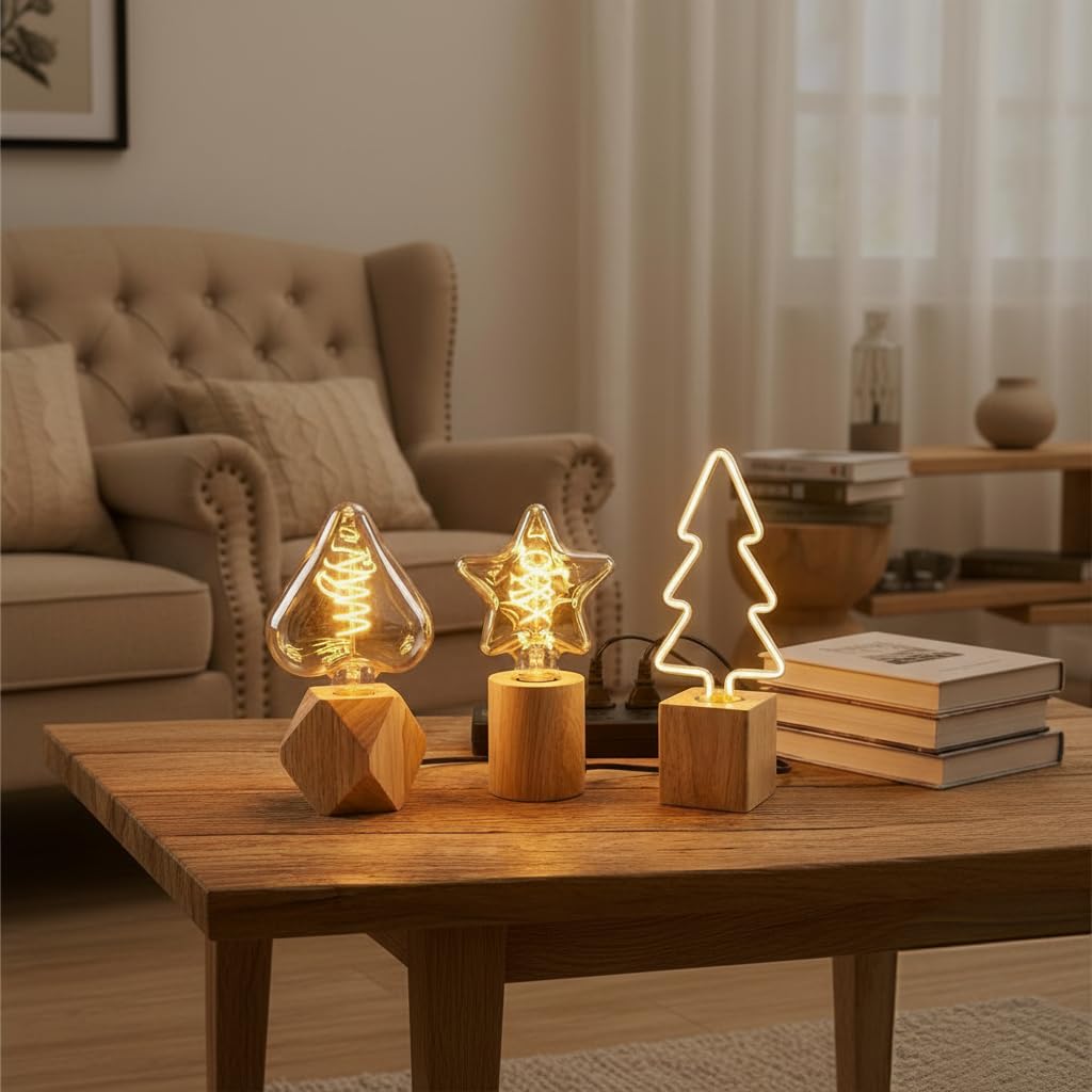 Set of 3 Wooden Table Lamps – Diamond, Round & Square - photo 6