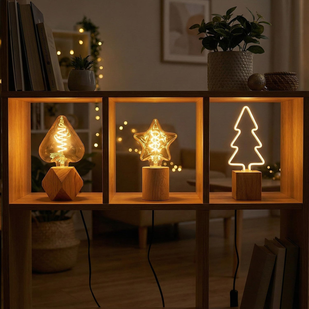 Set of 3 Wooden Table Lamps – Diamond, Round & Square - photo 7