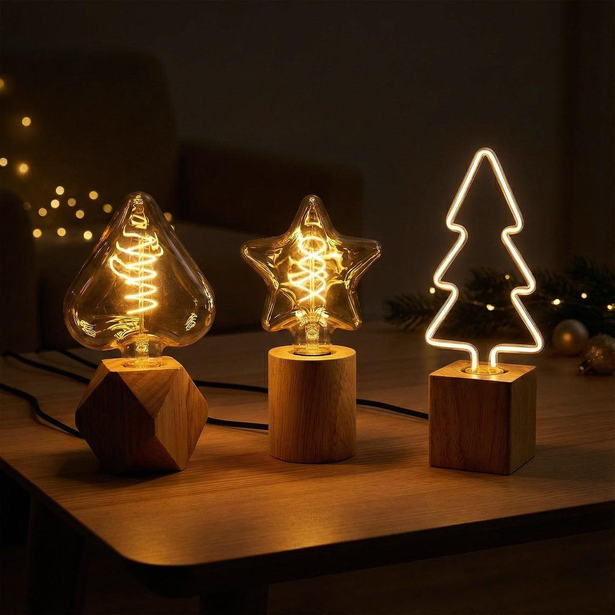 Set of 3 Wooden Table Lamps – Diamond, Round & Square - photo 8