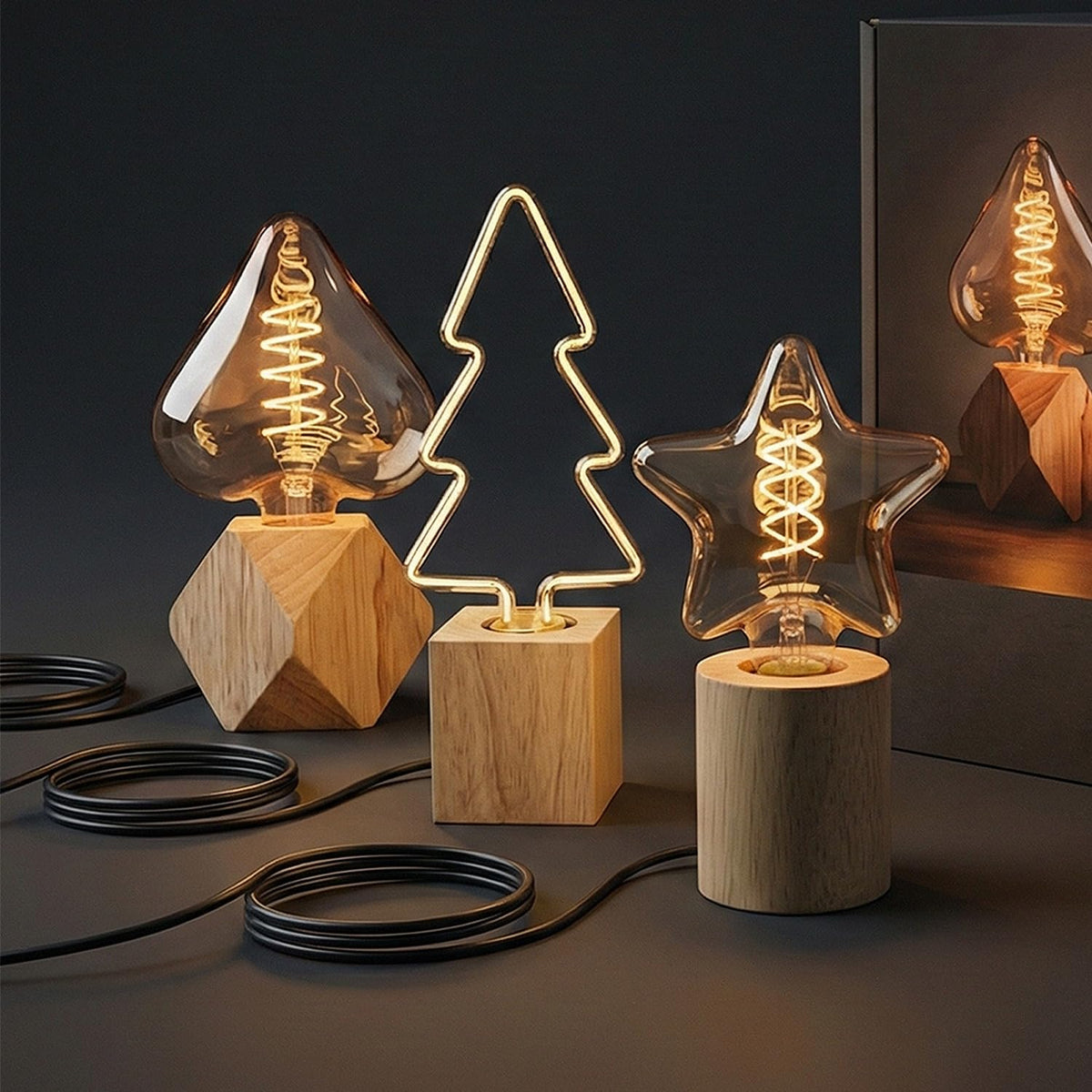 Set of 3 Wooden Table Lamps – Diamond, Round & Square - photo 9