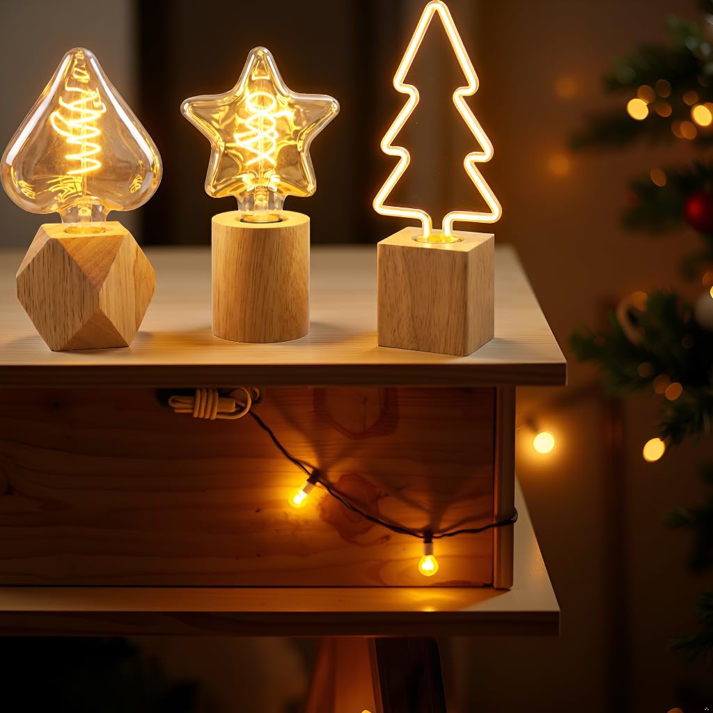 Set of 3 Wooden Table Lamps – Diamond, Round & Square