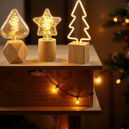 Set of 3 Wooden Table Lamps – Diamond, Round & Square