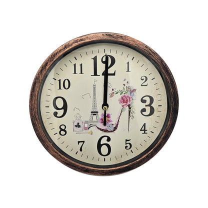 Shabby Chic Round Wall Clock – 20 cm, Rustic Copper Frame, Eiffel Tower & Shoe