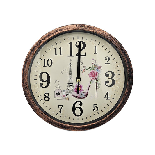 Shabby Chic Round Wall Clock – 20 cm, Rustic Copper Frame, Eiffel Tower & Shoe