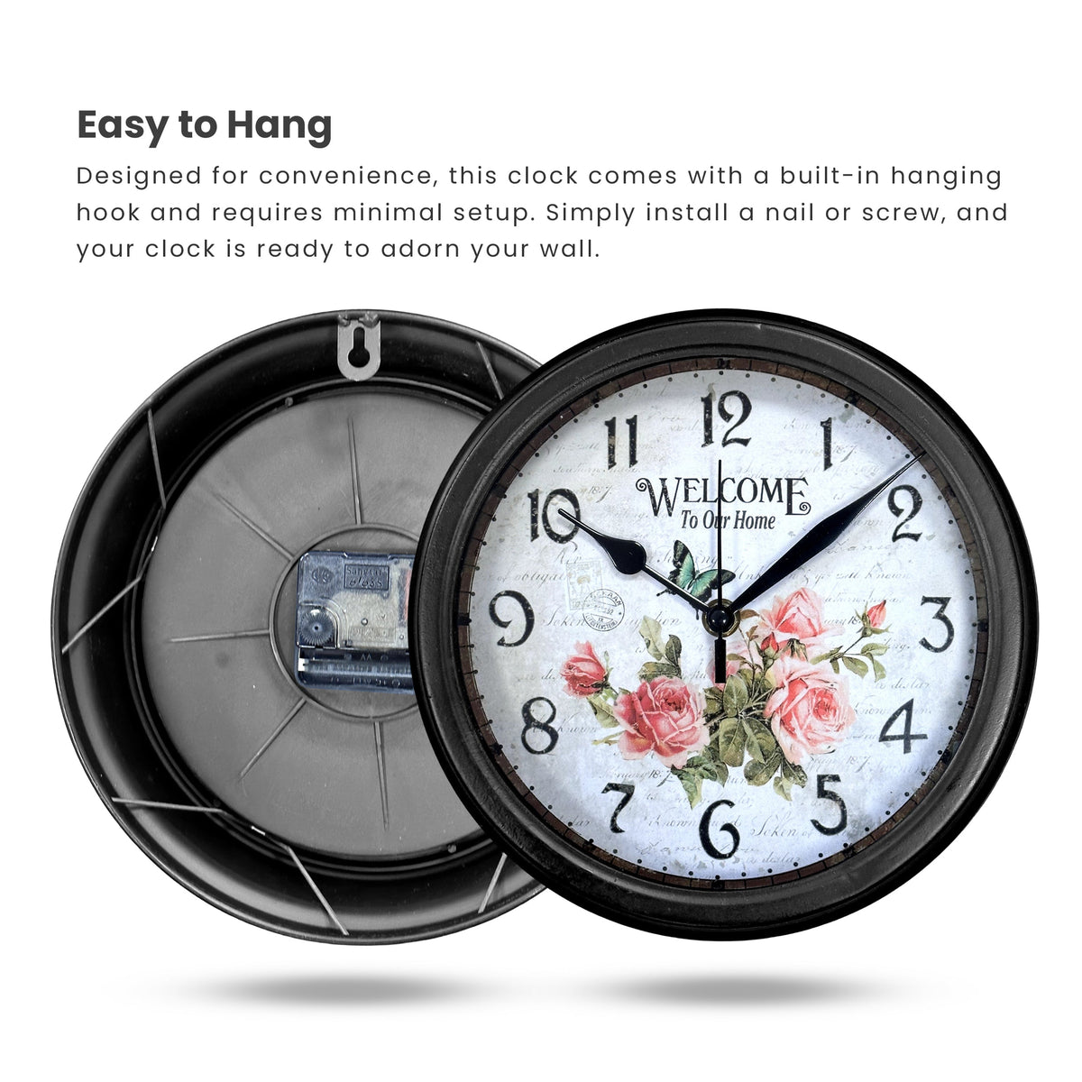 Vintage Rose Wall Clock – 23 cm, Black Frame, Silent Movement - photo 6