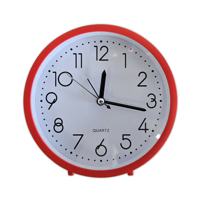 Small Red Round Table Clock – 15 cm, Stands or Hangs, Non-Ticking