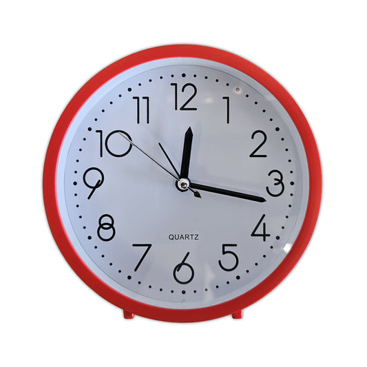 Small Red Round Table Clock – 15 cm, Stands or Hangs, Non-Ticking