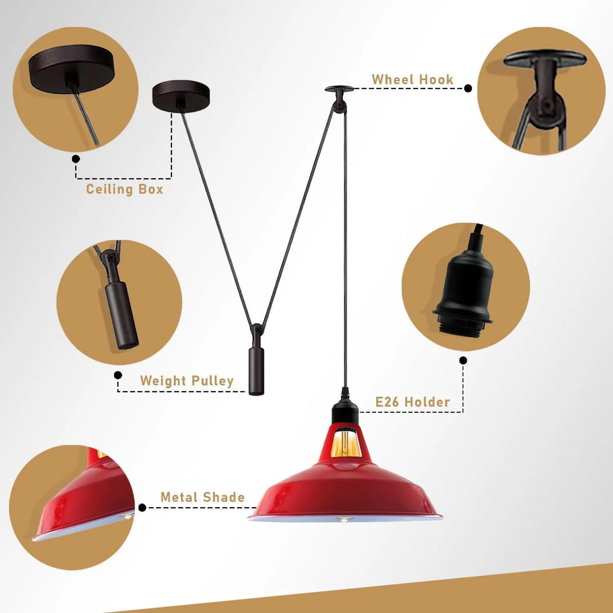 Rise & Fall Pulley Pendant – Barn or Dome Shade, 2 m Cable, E27 - photo 3