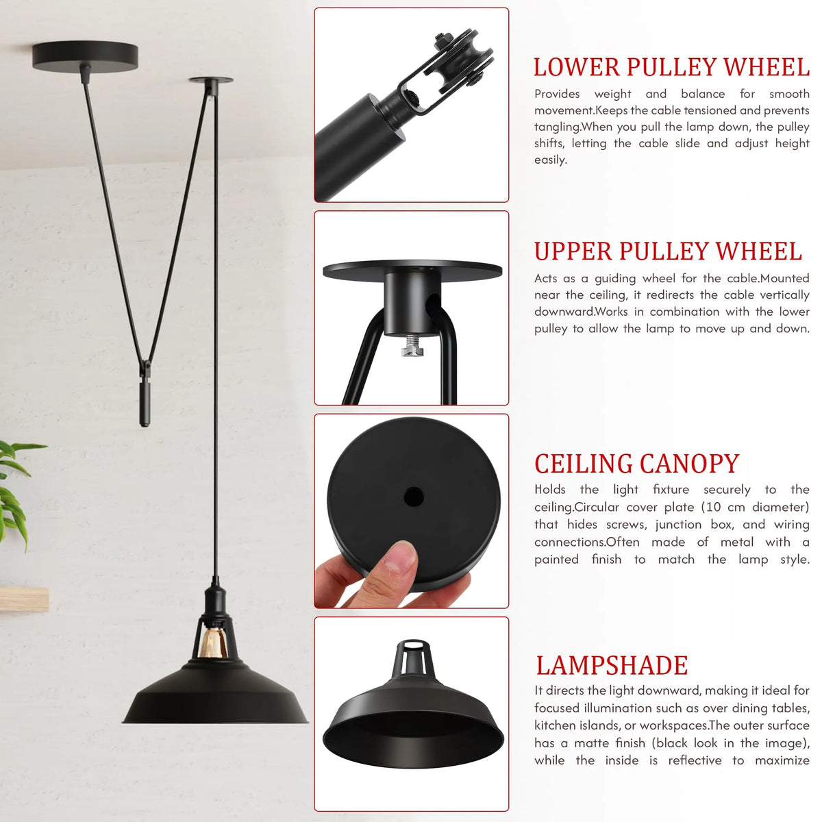 Rise & Fall Pulley Pendant – Barn or Dome Shade, 2 m Cable, E27 - photo 5