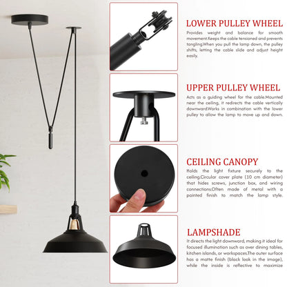 Rise & Fall Pulley Pendant – Barn or Dome Shade, 2 m Cable, E27 - photo 5