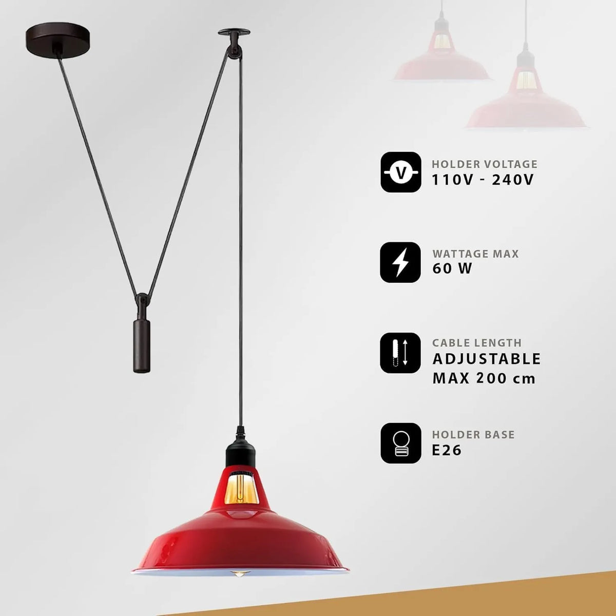 Rise & Fall Pulley Pendant – Barn or Dome Shade, 2 m Cable, E27 - photo 6