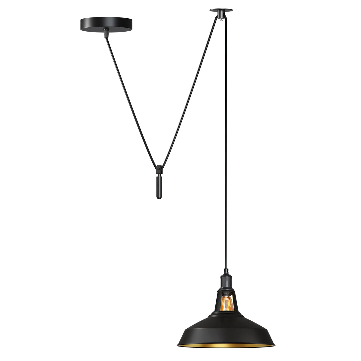 Rise & Fall Pulley Pendant – Barn or Dome Shade, 2 m Cable, E27 - Black, Barn Slotted 30 cm Black & Gold, Without Bulb