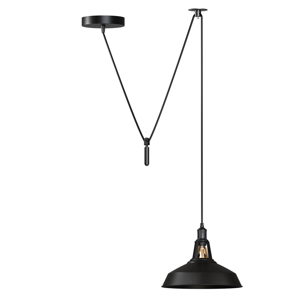 Rise & Fall Pulley Pendant – Barn or Dome Shade, 2 m Cable, E27 - Black, Barn Slotted 30 cm Black, Without Bulb