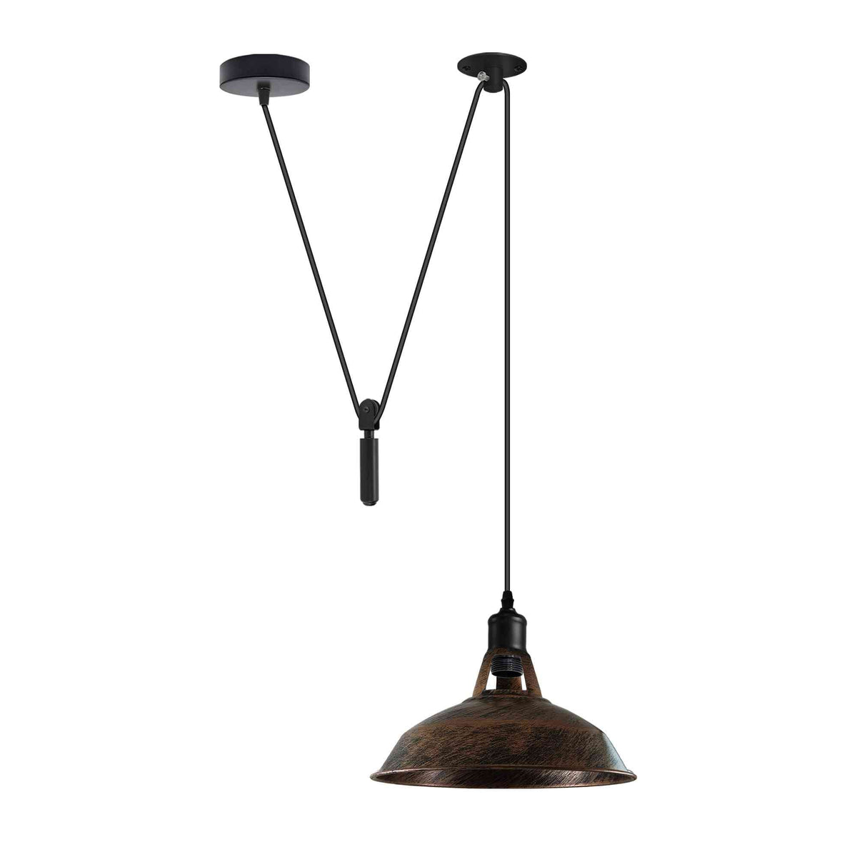 Rise & Fall Pulley Pendant – Barn or Dome Shade, 2 m Cable, E27 - Black, Barn Slotted 30 cm Brushed Copper, Without Bulb