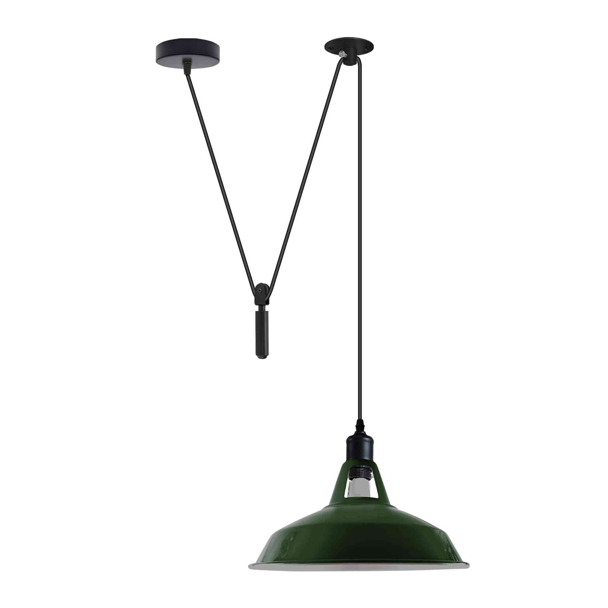 Rise & Fall Pulley Pendant – Barn or Dome Shade, 2 m Cable, E27 - Black, Barn Slotted 30 cm Green, Without Bulb