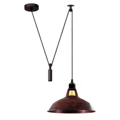 Rise & Fall Pulley Pendant – Barn or Dome Shade, 2 m Cable, E27 - Black, Barn Slotted 30 cm Rustic Red, Without Bulb