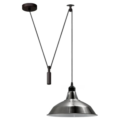 Rise & Fall Pulley Pendant – Barn or Dome Shade, 2 m Cable, E27 - Black, Barn Slotted 30 cm Satin Nickel, Without Bulb