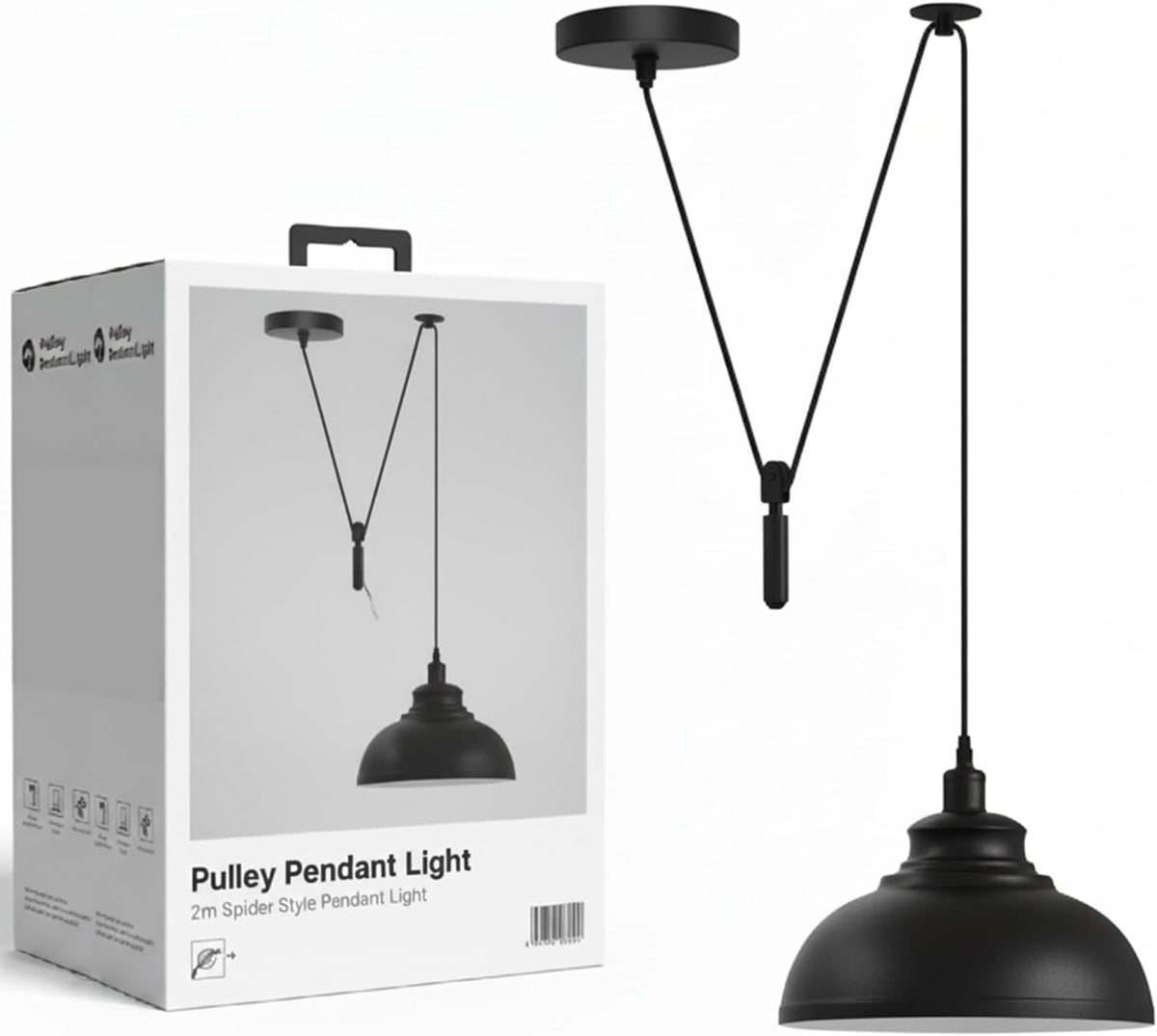 Rise & Fall Pulley Pendant – Barn or Dome Shade, 2 m Cable, E27 - Black, Dome 29 cm Black & White, Without Bulb