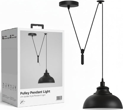 Rise & Fall Pulley Pendant – Barn or Dome Shade, 2 m Cable, E27 - Black, Dome 29 cm Black & White, Without Bulb