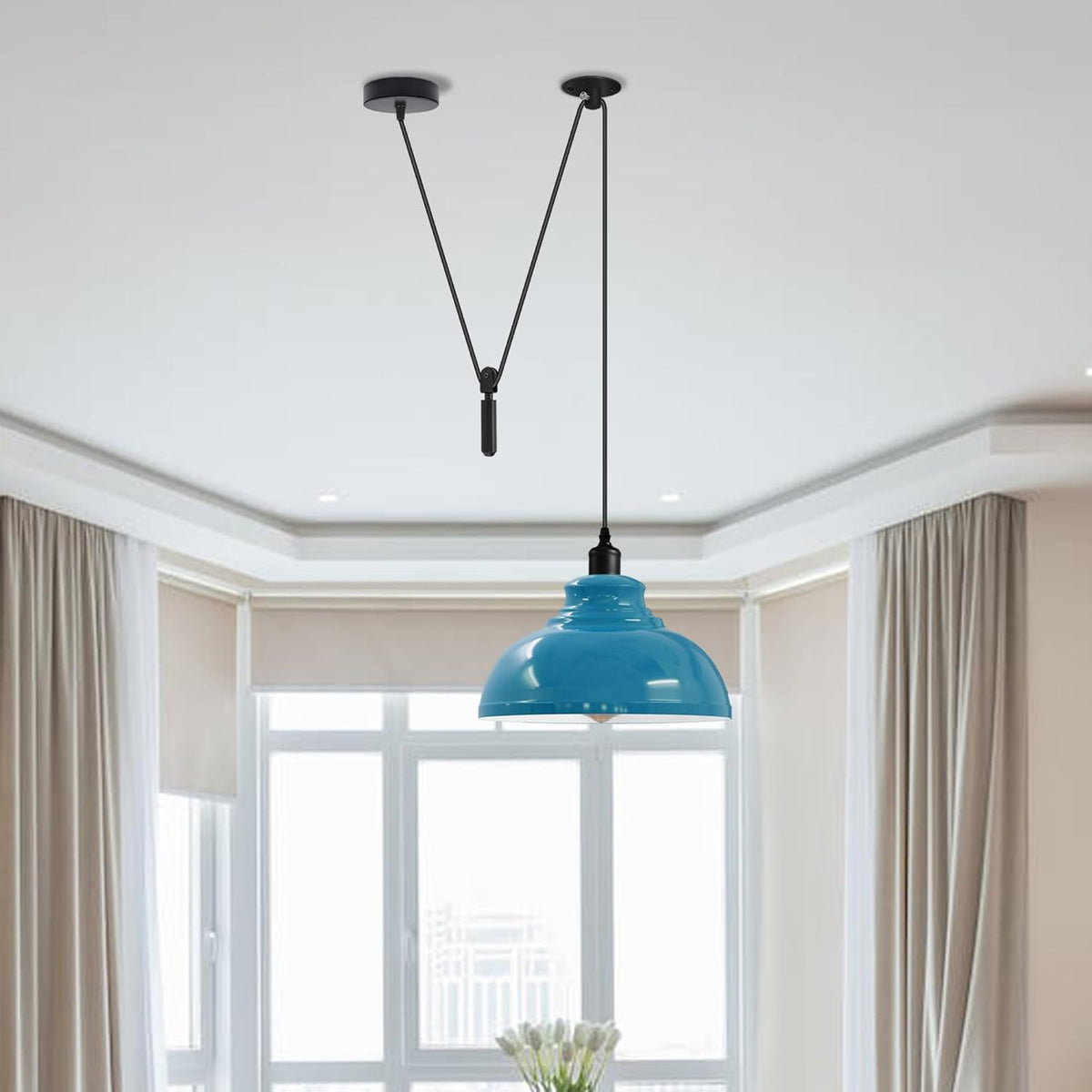 Rise & Fall Pulley Pendant – Barn or Dome Shade, 2 m Cable, E27 - Black, Dome 29 cm Blue, Without Bulb