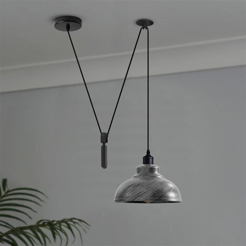 Rise & Fall Pulley Pendant – Barn or Dome Shade, 2 m Cable, E27 - Black, Dome 29 cm Brushed Silver, Without Bulb