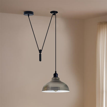 Rise & Fall Pulley Pendant – Barn or Dome Shade, 2 m Cable, E27 - Black, Dome 29 cm Chrome, Without Bulb