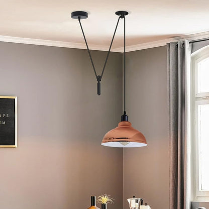 Rise & Fall Pulley Pendant – Barn or Dome Shade, 2 m Cable, E27 - Black, Dome 29 cm Rose Gold, Without Bulb