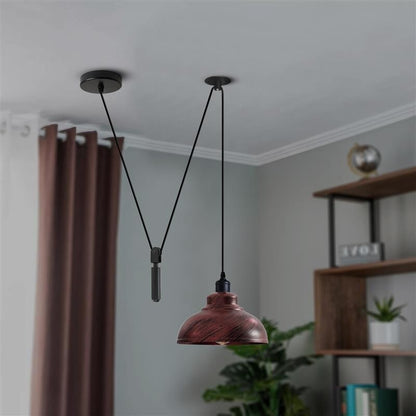 Rise & Fall Pulley Pendant – Barn or Dome Shade, 2 m Cable, E27 - Black, Dome 29 cm Rustic Red, Without Bulb