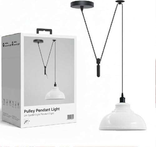 Rise & Fall Pulley Pendant – Barn or Dome Shade, 2 m Cable, E27 - Black, Dome 29 cm White, Without Bulb