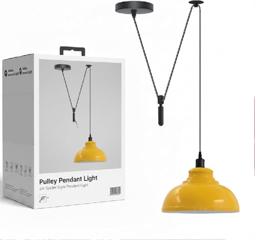Rise & Fall Pulley Pendant – Barn or Dome Shade, 2 m Cable, E27 - Black, Dome 29 cm Yellow, Without Bulb