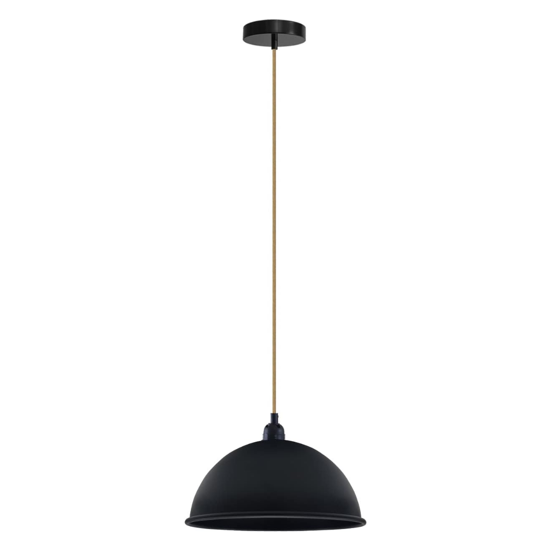 Hemp Rope Pendant Light with 21 cm Dome Shade – 5 Finishes, E27 - Black, Dome 21 cm Black & White Inner, Without Bulb