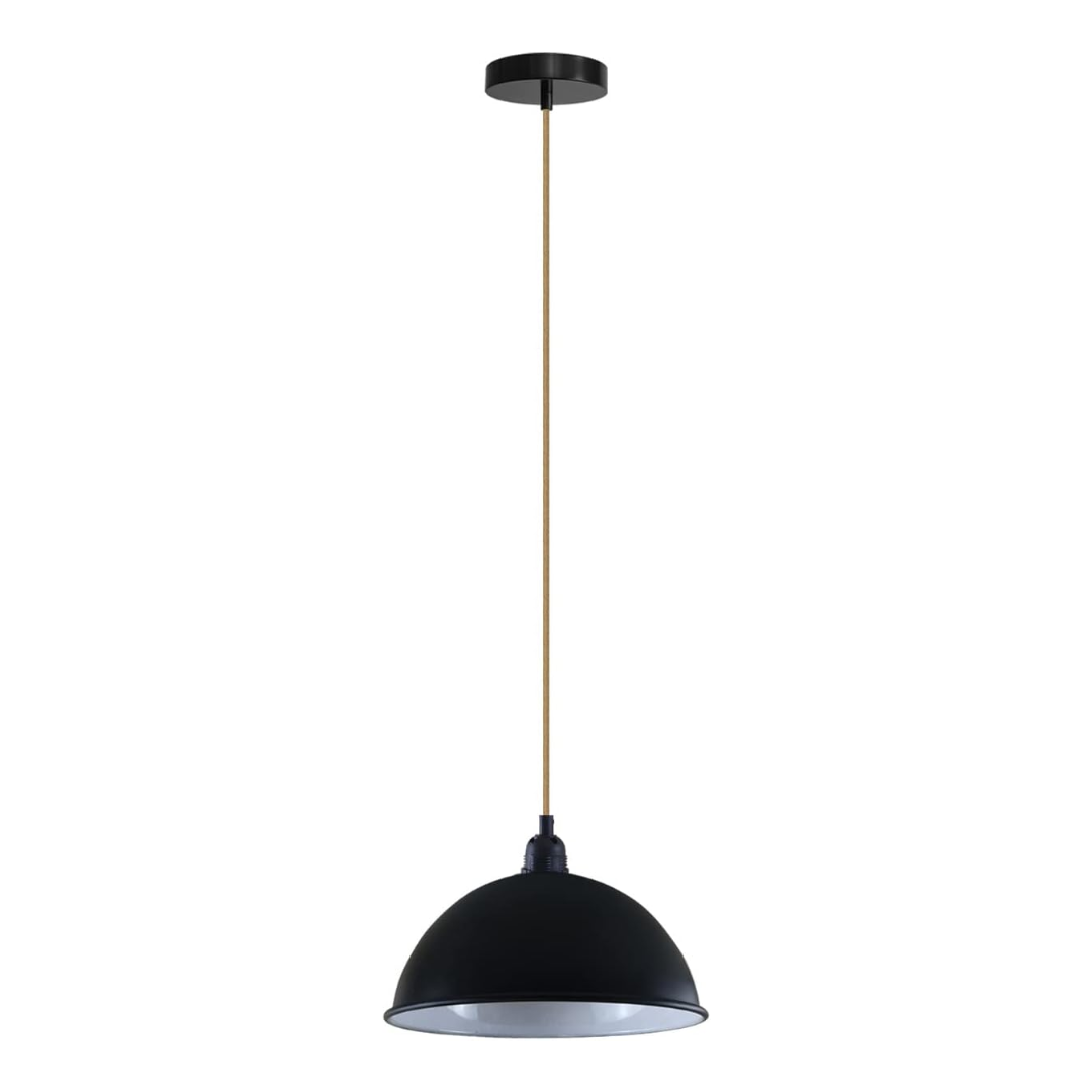 Hemp Rope Pendant Light with 21 cm Dome Shade – 5 Finishes, E27 - Black, Dome 21 cm Black, Without Bulb