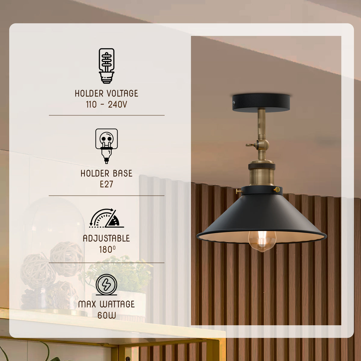 Adjustable Semi Flush Light with Switch – Wall or Ceiling, E27, with Shade - photo 8