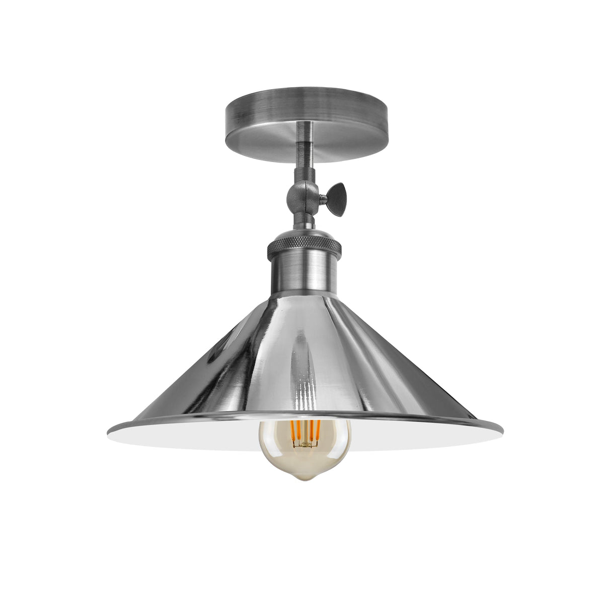 Adjustable Semi Flush Light with Switch – Wall or Ceiling, E27, with Shade - Chrome, Flat Cone 22 cm Chrome, Without Bulb
