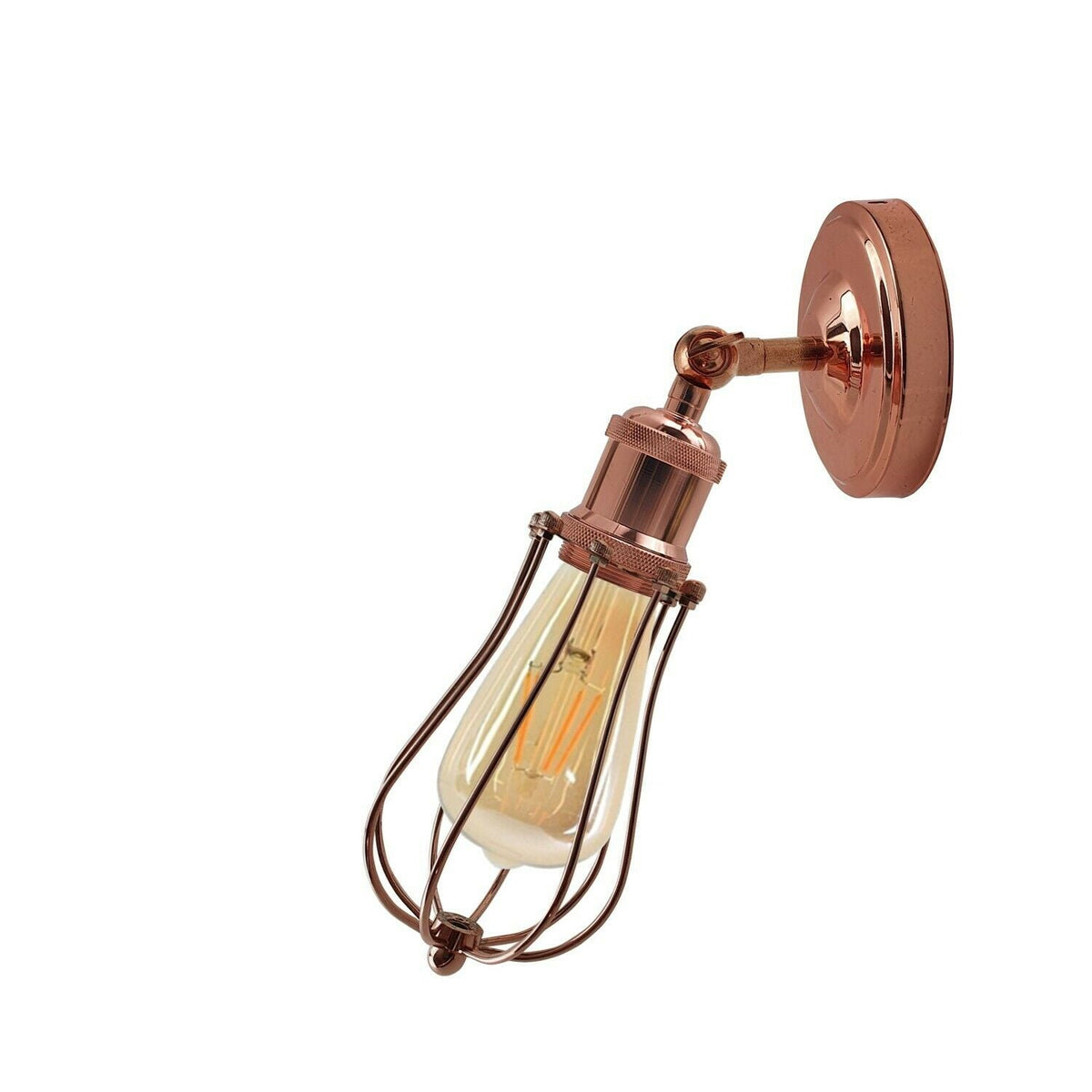 Adjustable Semi Flush Light with Switch – Wall or Ceiling, E27, with Shade - Rose Gold, Round Cage Rose Gold, T130 LED Bulb 4W