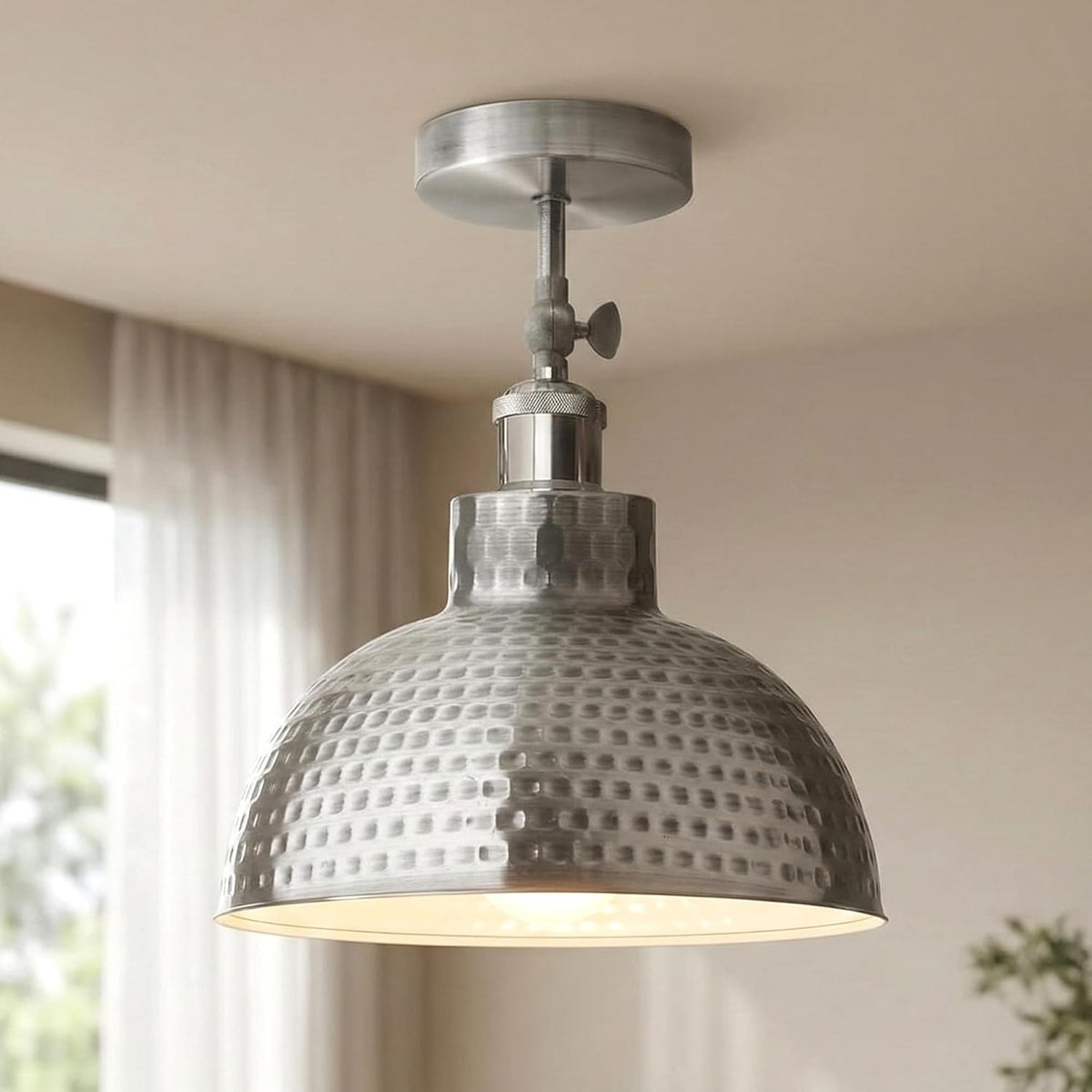 Adjustable Semi Flush Light with Switch – Wall or Ceiling, E27, with Shade - Satin Nickel, Retro Pendant 26 cm Satin Nickel, ST64 LED Bulb 4W