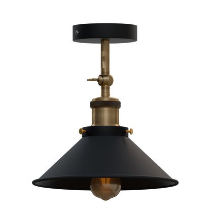 Adjustable Semi Flush Light with Switch – Wall or Ceiling, E27, with Shade - Yellow Brass, Flat Cone 22 cm Black 120 mm Rose Shade Ring, Without Bulb