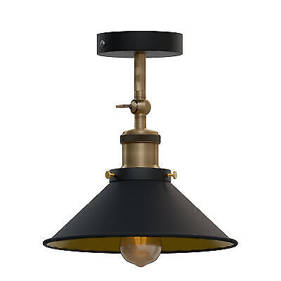 Adjustable Semi Flush Light with Switch – Wall or Ceiling, E27, with Shade - Yellow Brass, Flat Cone 22 cm Black & Gold Shade Ring, Without Bulb