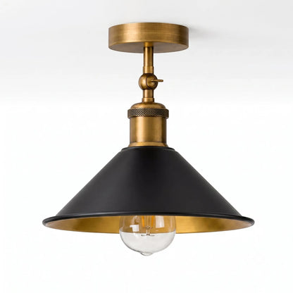 Adjustable Semi Flush Light with Switch – Wall or Ceiling, E27, with Shade - Yellow Brass, Flat Cone 22 cm Black & Gold, Without Bulb