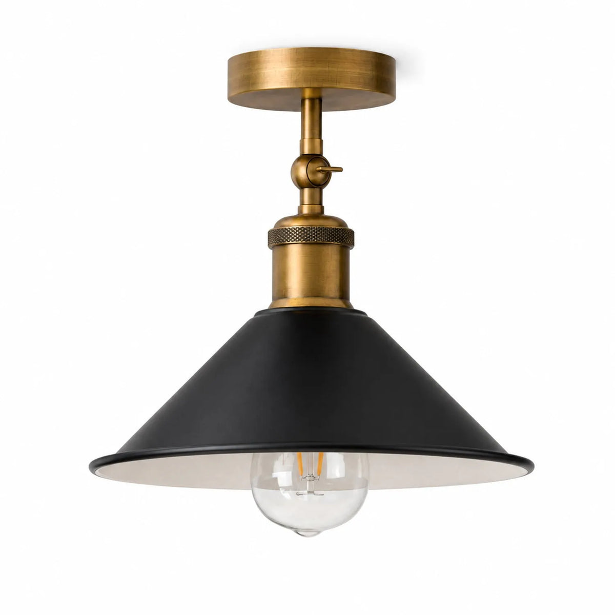 Adjustable Semi Flush Light with Switch – Wall or Ceiling, E27, with Shade - Yellow Brass, Flat Cone 22 cm Black & White Inner, Without Bulb