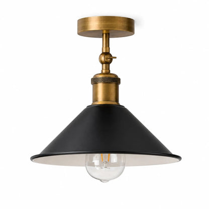 Adjustable Semi Flush Light with Switch – Wall or Ceiling, E27, with Shade - Yellow Brass, Flat Cone 22 cm Black & White Inner, Without Bulb