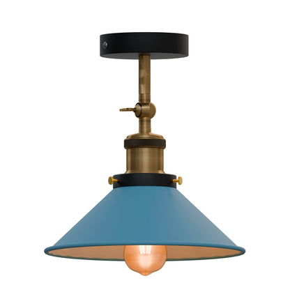 Adjustable Semi Flush Light with Switch – Wall or Ceiling, E27, with Shade - Yellow Brass, Flat Cone 22 cm Blue Shade Ring, Without Bulb