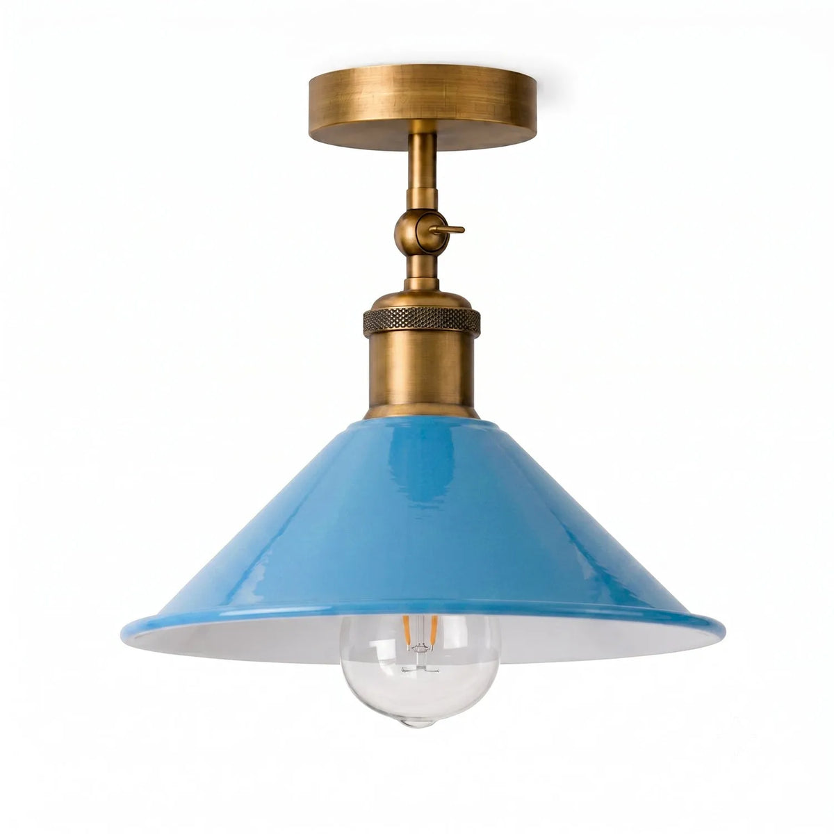 Adjustable Semi Flush Light with Switch – Wall or Ceiling, E27, with Shade - Yellow Brass, Flat Cone 22 cm Blue, Without Bulb