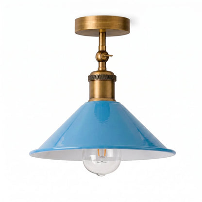 Adjustable Semi Flush Light with Switch – Wall or Ceiling, E27, with Shade - Yellow Brass, Flat Cone 22 cm Blue, Without Bulb