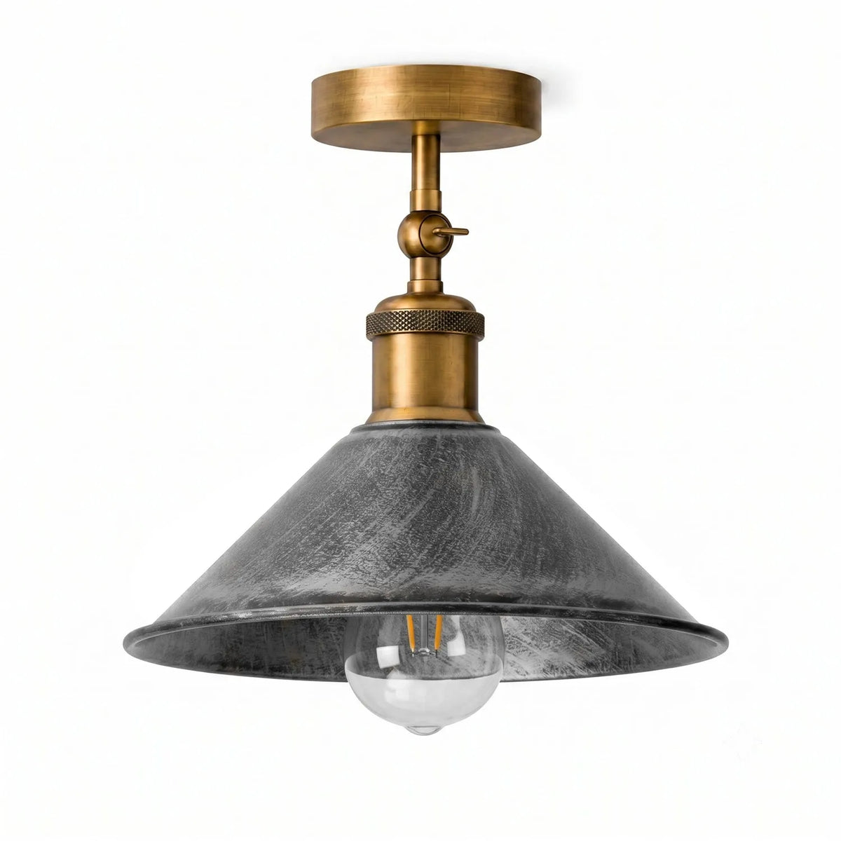 Adjustable Semi Flush Light with Switch – Wall or Ceiling, E27, with Shade - Yellow Brass, Flat Cone 22 cm Brushed Silver, Without Bulb