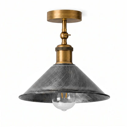 Adjustable Semi Flush Light with Switch – Wall or Ceiling, E27, with Shade - Yellow Brass, Flat Cone 22 cm Brushed Silver, Without Bulb