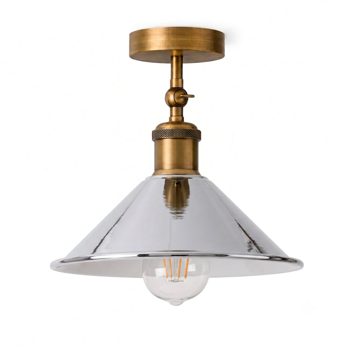 Adjustable Semi Flush Light with Switch – Wall or Ceiling, E27, with Shade - Yellow Brass, Flat Cone 22 cm Chrome, Without Bulb